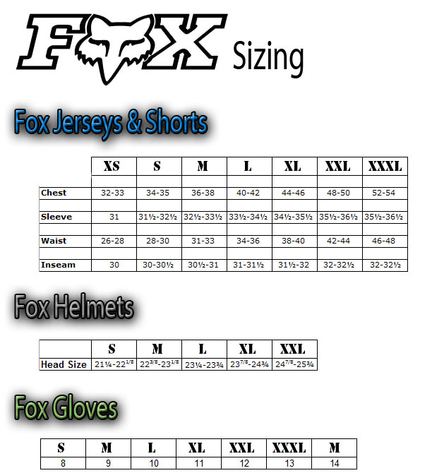 Fox Youth Size Chart Gloves